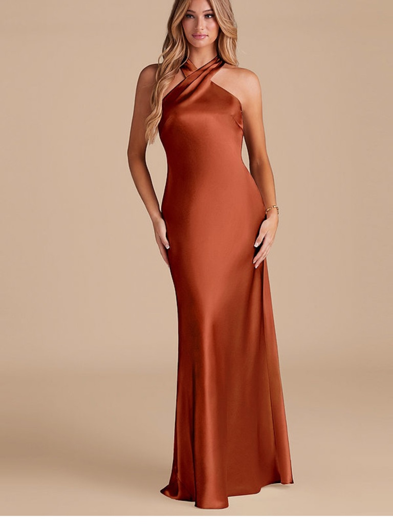 Azazie Auburn Satin Cross-Halter Maxi Dress